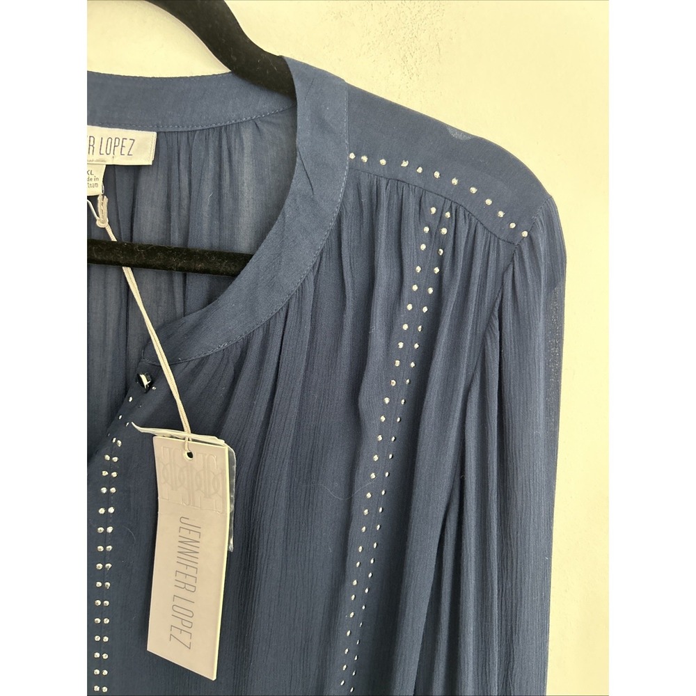 Jennifer Lopez Women's XL NWT Navy Studded Chiffon Long Sleeve Blouse 100% Rayon - Picture 8 of 11